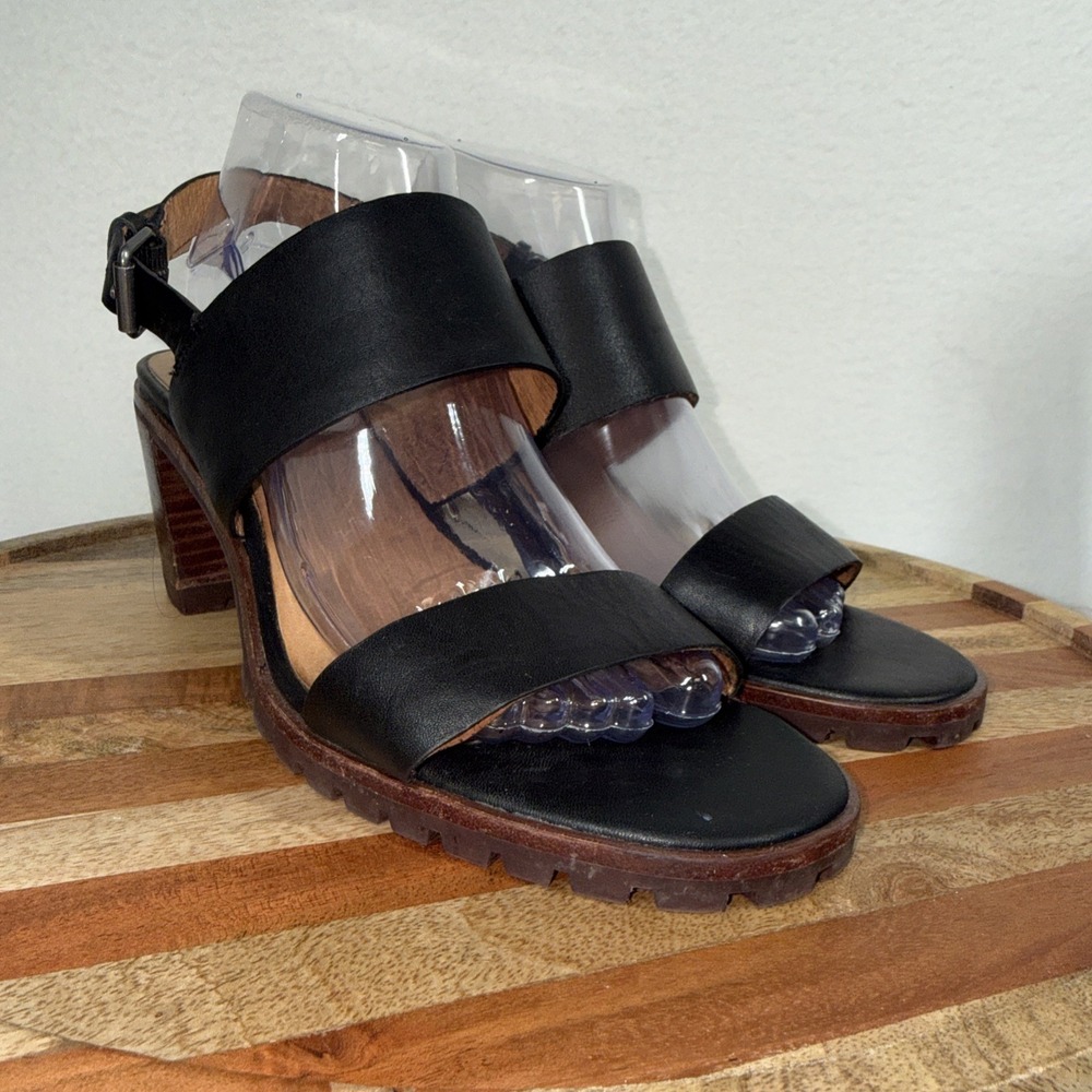 Madewell Kiera Chunky Lugsole Black Leather Block Heel Slingback Sandals Size 10